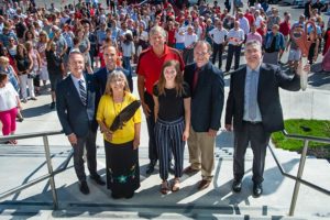 Dr. George MacLean, University of New Brunswick (UNB) vice-president academic (Fredericton), Fredericton MP Matt DeCourcey, UNB elder-in-residence Imelda Perley, deputy premier Stephen Horsman, UNB kinesiology student Mikaela Dodig, Dr. Wayne Albert, UNB dean of kinesiology, and Dr. Eddy Campbell, UNB’s vice-chancellor, attended the official ribbon-cutting event for the new kinesiology building at UNB Fredericton. Photo courtesy UNB