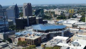 The Golden 1 Center in downtown Sacramento is a sports and entertainment complex, and home arena of the Sacramento Kings basketball team.