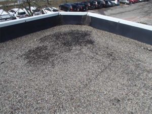 Built-up roofing felts exposed due to wind scoured gravel surfacing.