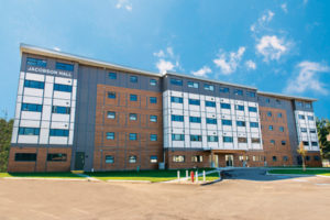 Modular wood-frame residence, Jacobson Hall at Trinity Western University (TWU) in Langley, B.C. is the tallest in Canada. Photo courtesy of Metric Modular