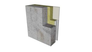 Exposed concrete wall assembly insulated on the interior with stone wool insulation but without polyethylene (PE) sheet vapour barrier on the interior. This type of assembly can provide durable performance in warm climates.