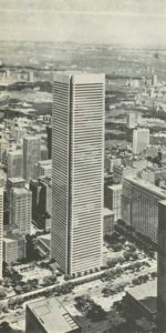 An aerial shot of the First Bank Tower.