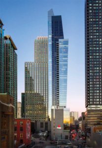 The 50-storey L’Avenue residential tower in Montréal features glazed curtain walls in both clear and dark glass.