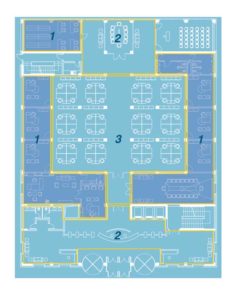 An example of a sound masking design utilizing a few large zones. It assigns areas to simple categories such as open plan, closed room, corridor, and reception, based on the assumption they have the same or very similar acoustic characteristics. Note the volume and equalization settings for Zone 1 (highlighted) are applied to three different areas within the facility, encompassing seven private offices, three bathrooms, a boardroom, a waiting area, and a mixed-use room.