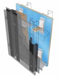 This image is an example of a thermally broken assembly with exposed fastener for a lightweight rear-ventilated rainscreen (LWRVRS) building façade.