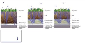 Figure 1: Preferential flow paths start to form immediately as the water moves through the profiles. The conventional profile begins generating runoff first. The retention-based and detention along with retention-based profiles are still filling up.