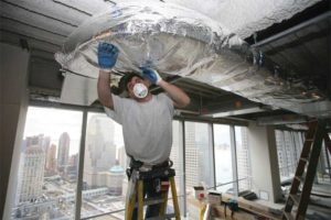 The installation of fibreglass blanket insulation on exterior of HVAC ductwork reduces unwanted heat loss or gain and also eliminates condensation.