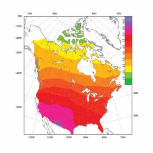 Figure 1: Ultraviolet (UV) index in July for North America. Image courtesy World Ozone and Ultraviolet Radiation Data Centre