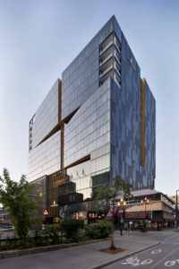 The Four Seasons Hotel Montréal building stands out with its streamlined, uniquely off-set volumes and textured accents. Photo courtesy Adrien Williams