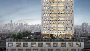 Exterior rendering of office and residential levels of Proto-Model X, Sidewalk Labs’ prototypical timber building. Image courtesy Michael Green Architecture and Gensler