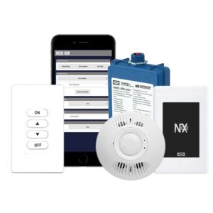 Components of a connected lighting system include sensors, switches, room controllers, and application software.