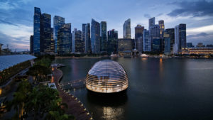 Appearing as a floating sphere, Apple Marina Bay Sands, Singapore, is the first Apple store to sit directly on the water. Photo courtesy Apple