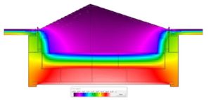 Figure 5: View of isotherms at a window-to-precast transition where the window insulating glass unit (IGU) does not line up with the interior precast insulation.