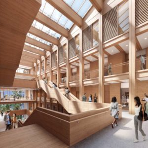 The interior rendering shows the use of mass timber and profusion of natural light into the building.