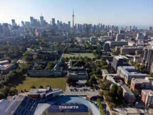 General views of the University of Toronto, St. George campus. Varsity Stadium can be seen in the foreground and back campus is in the centre. 