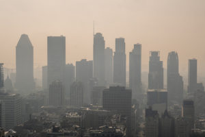 Montreal, Canada on 24 June 2023: Montreal Downtown in the smoke of Canadian forest fires.