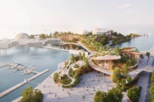 Aerial view of Therme Canada’s proposed Ontario Place redesign.