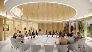 Another interior view rendering of Mawiomi, an Indigenous gathering space.