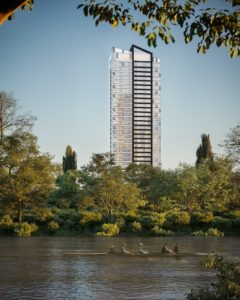 Architectural details like a black-and-white mast and angular podium reflect The Riv’s locale alongside the Don River.