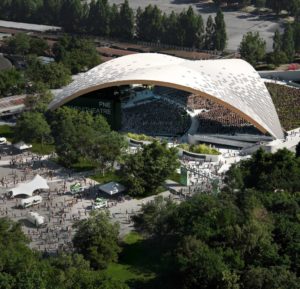 Rendering of the redeveloped PNE Amphitheatre, which is to be transformed into an open-air venue with a starburst pattern, mass timber roof.