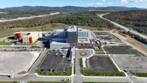 Aerial view of the recently finished Western Memorial Regional Hospital, representing another successful public-private partnership (P3) project in Newfoundland and Labrador.