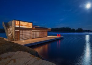 The Lake Muskoka Boathouse at night. 