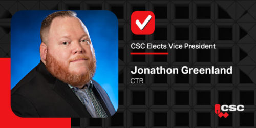 Jonathan Greenland poses against a blue background, appearing on a graphic celebrating his election as CSC's vice-president.