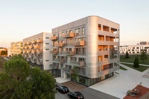 A sunlight-bathed, public-facing facade of the metal mesh-covered, Block 4, also known as Cité Angus II. 