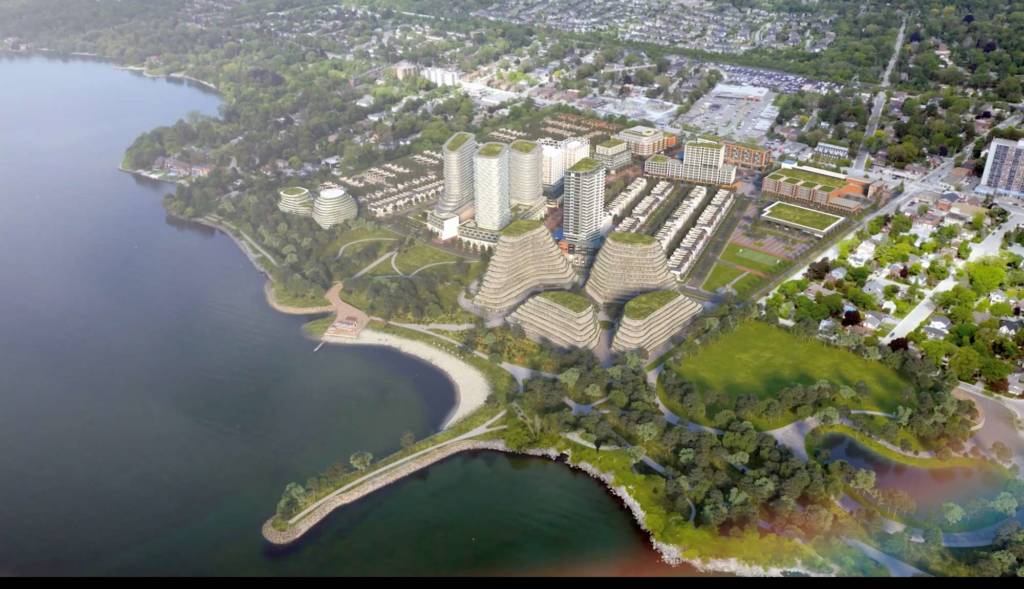 Aerial-view rendering of Brightwater by Toronto's waterfront, which is developing one of North America's largest bioswales networks.