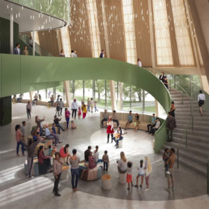 Rendering of a bright, spacious building interior with people socializing and a musician playing, surrounded by wood paneling and green stairs.