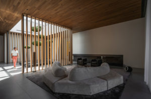 Modern living room with wooden slats, plush sofas, and a hanging garden.