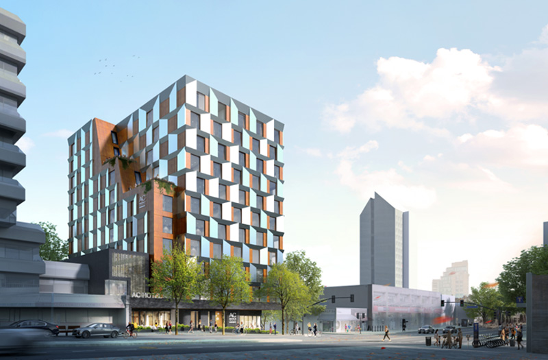 Rendering of a modern hotel with a unique geometric facade in an urban setting.