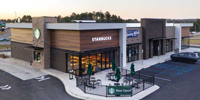 aerial view of a wood-clad Starbucks outlet