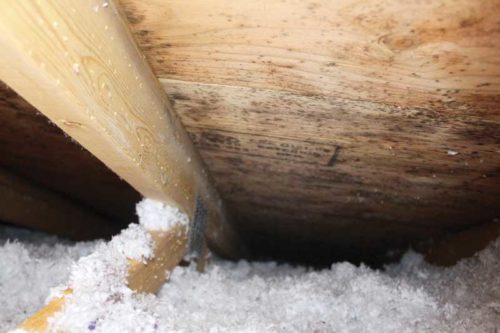 underside of a roof deck covered in snow