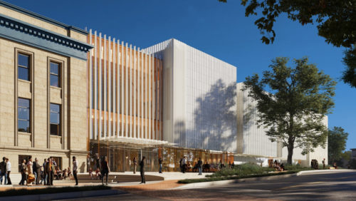 rendering of a new museum made of mass timber, with visitors standing below the building