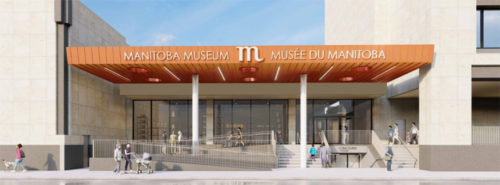 rendering of a building's entrance with an orange roof saying 'Manitoba Museum' and 'Musee Du Manitoba'