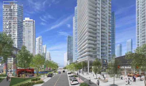 Rendering of the residential complex with people, plantings, and cars on the street