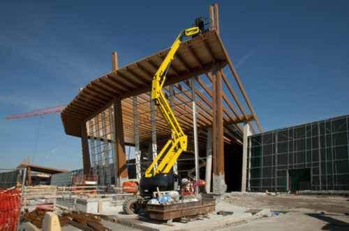 construction truck near a mass timber building