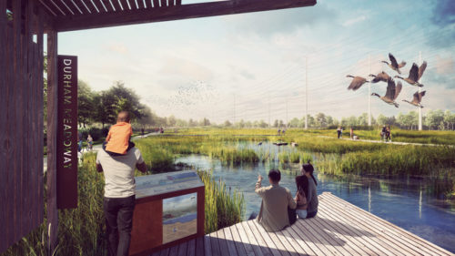 boardwalk with people on it, looking at a meadow way