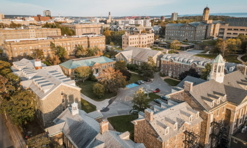 aerial view of a city with small townhouses