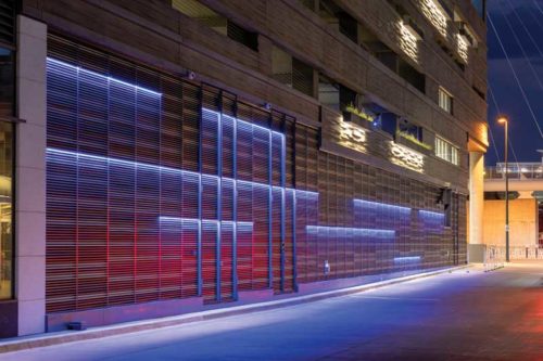 shutter facade with neon lights