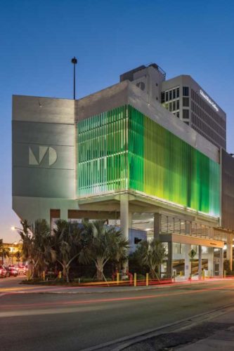 neon-lit exterior facade in a building