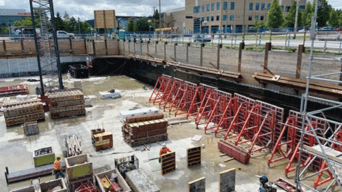 Construction site with workers and various materials, including red steel braces supporting the walls of an excavation pit, surrounded by equipment and tools on a concrete base, under a partly cloudy sky.