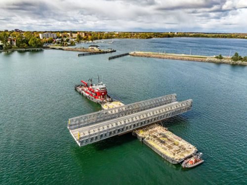 aerial view of a modular bridge at sea