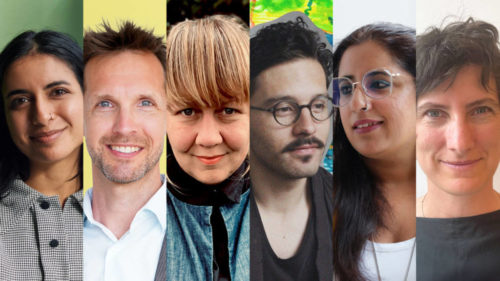 A collage of six diverse speakers featured at DesignTO Festival, showcasing creative leaders in design, architecture, and art.