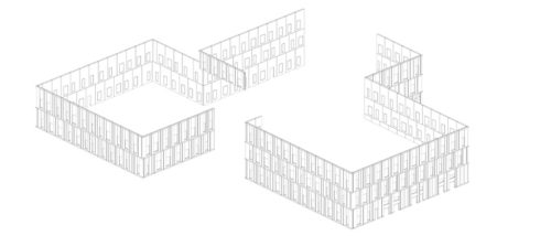 A three-dimensional architectural drawing showing two interconnected building outlines. The designs feature multiple rectangular windows, arranged symmetrically along the walls. The structures are oriented to form a pathway between them.