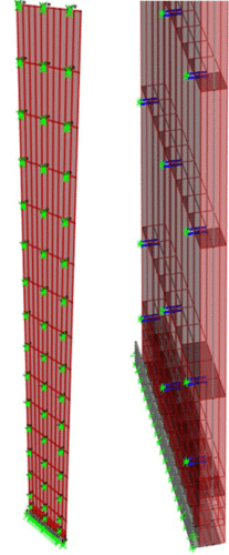 This image displays a structural engineering model consisting of two vertical elements. The left element is taller and features vertical bars in red and green nodes representing structural connections. The right element is shorter and has horizontal elements, also indicated in red, with blue nodes that illustrate additional levels.