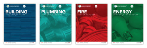 The image displays four book covers for Canadian codes pertaining to construction. From left to right, the covers are labeled "Building," "Plumbing," "Fire," and "Energy." Each cover features a distinct color and relevant design elements that represent the subject matter, such as building materials for "Building" and pipes for "Plumbing."