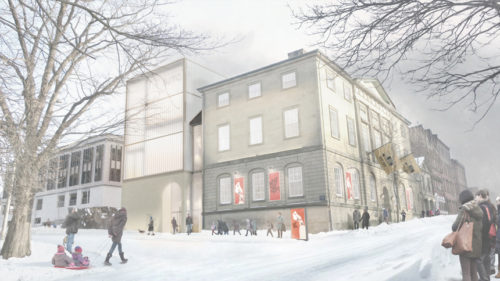 A snowy street scene depicts a historical building with a modern architectural extension. People are seen walking on the snowy path, some carrying bags, while two children play with a sled nearby. The building displays posters on its walls, and leafless trees frame the foreground, creating a serene winter atmosphere.