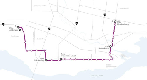 A transit map illustrating a route with various stations marked along the path. Key stations include Pôle Le Gendre, Pôle Sainte-Foy, Pôle Université Laval, Pôle Saint-Roch, and Pôle Charlesbourg. The route is highlighted in purple against a white background.